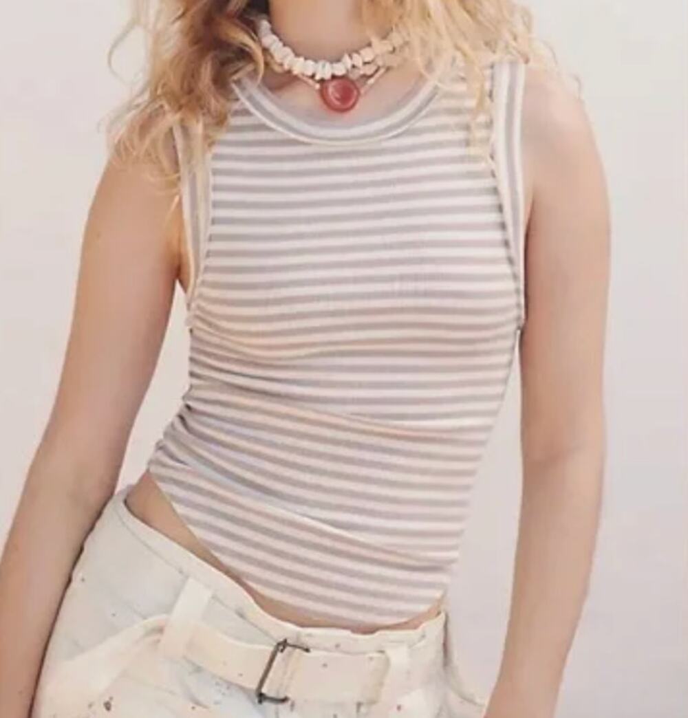 Free People NWOT We The Free Kate Ribbed Stretch Tank Top Tan Stripe Large